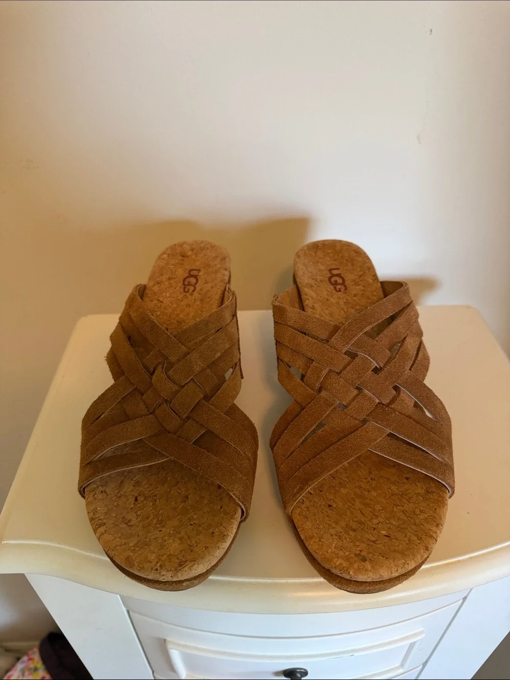 UGG Women's Tan Woven Suede Slide Wedges